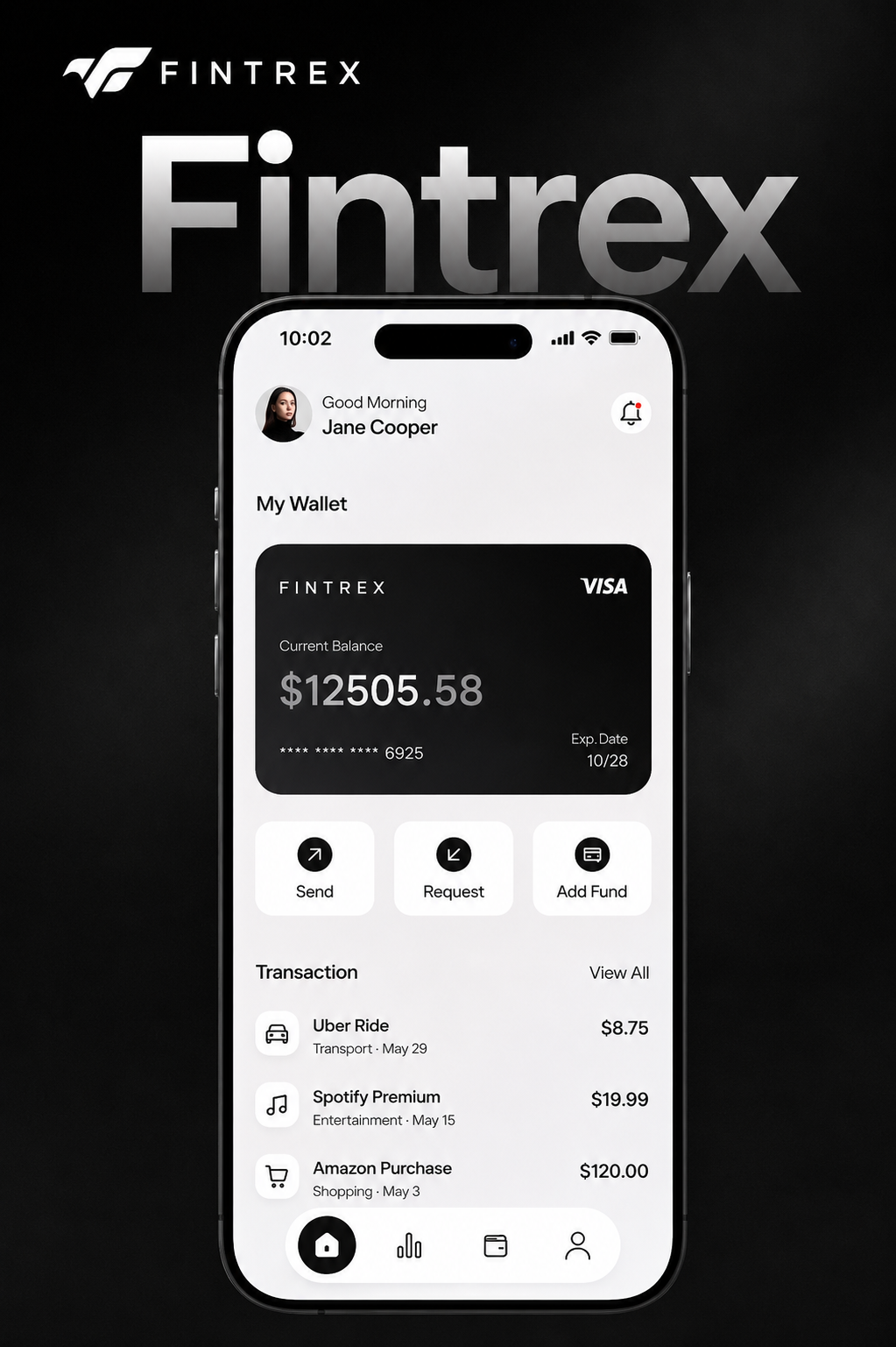 Fintrex mobile wallet — balance, quick actions and categorised transactions